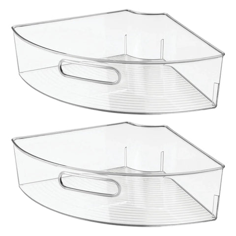 Clear 1/4 wedge bin for corner lazy Susan cabinet kitchen organizer 2 pack, space saving storage for spices, clear plastic design.