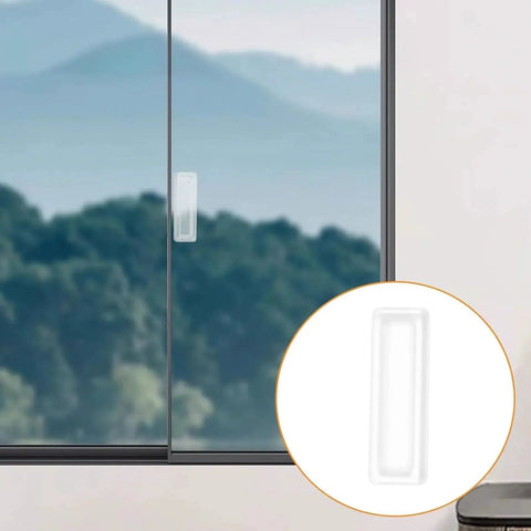 Clear PU Self Adhesive Finger Pulls 8 Pack shown on sliding glass door, highlighting multipurpose square handle design and no punching installation.