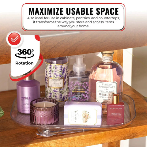 Two Pack Clear Rectangular Fridge Organizer Turntable Lazy Susan with 360 Degree Rotating Shelf holding toiletries.