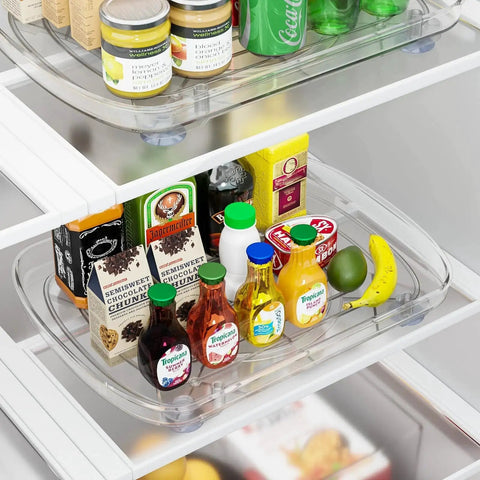 Clear Rectangular Refrigerator Lazy Susan Organizer With 360 Degree Rotation And Pullout Design for storing bottles, cans, and produce.