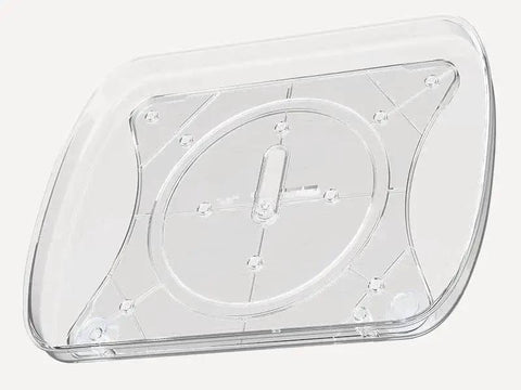 Clear Rectangular Refrigerator Lazy Susan Organizer With 360 Degree Rotation And Pullout Design showing bottom view of acrylic base.
