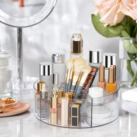 360 Degree Rotating Makeup Organizer Turntable for Vanity and Bathroom Counter, clear Lazy Susan with cosmetics and brushes