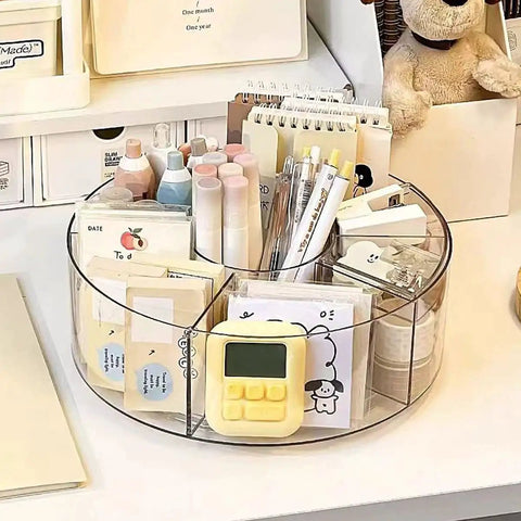 360 Degree Rotating Makeup Organizer Turntable for Vanity and Bathroom Counter, clear lazy susan with multiple dividers on desk