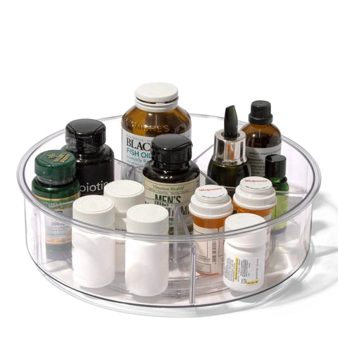 Round Turntable Organizer With Six Removable Clear Bins 11.7 Inch Rotating Storage Tray filled with various bottles and jars