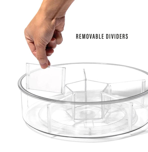 Hand removing divider from Round Turntable Organizer With Six Removable Clear Bins 11.7 Inch Rotating Storage Tray.