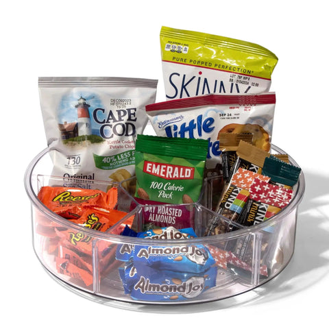 Round Turntable Organizer With Six Removable Clear Bins 11.7 Inch Rotating Storage Tray filled with various snacks