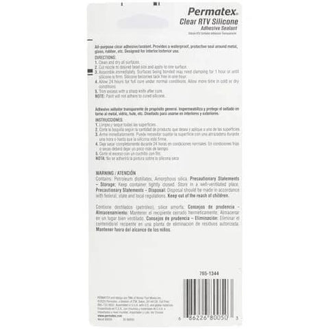 Back view of Clear RTV Silicone Adhesive Sealant 3 Oz Sensor Safe General Purpose Sealant packaging with instructions and warnings