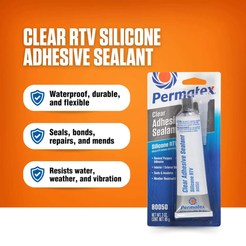 Clear RTV Silicone Adhesive Sealant 3 Oz Sensor Safe General Purpose Sealant for indoor/outdoor use shown in packaging