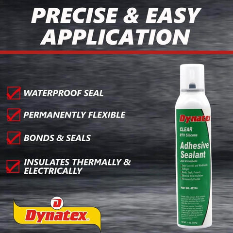 Clear RTV Silicone Adhesive Sealant, 8 Oz Can next to product benefits: waterproof, flexible, bonds and seals, insulates.