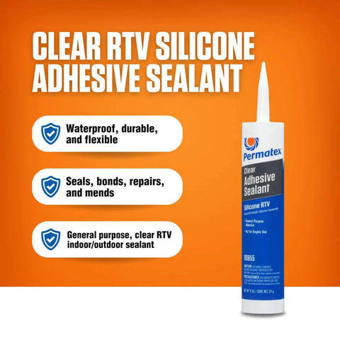 Clear RTV Silicone Adhesive Sealant For Indoor And Outdoor Use, Waterproof, 11 Oz Tube with features on orange background