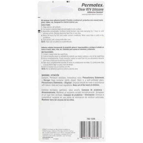 Back view of packaging for Clear RTV Silicone Adhesive Sealant, 3 Oz Tubes, Pack Of 12 showing instructions and safety information