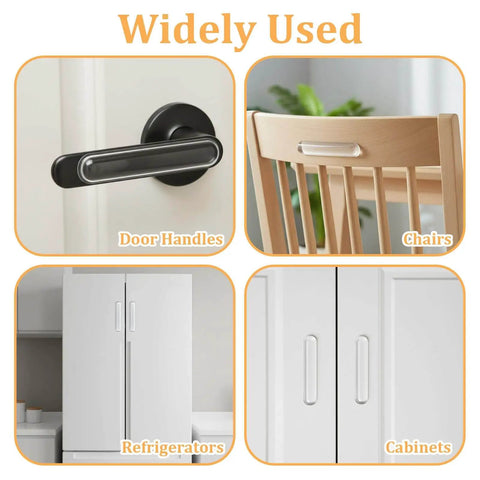 Image showing 10 Pack Clear Cabinet Door Bumpers Self Adhesive Rubber Cushions For Cabinets, Drawers, And Furniture Edges, Quiet No Squeak Protection, Scratch Guard, Easy Install, Transparent And Durable, used on door handles and chairs.