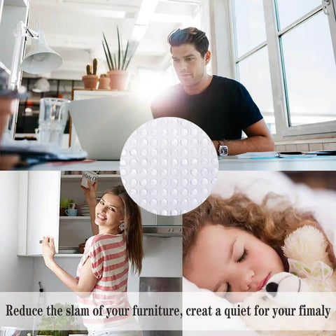 Self Adhesive Clear Rubber Door Bumpers One Quarter Inch Diameter By One Sixteenth Inch Thick Heavy Duty Non Slip Bumpers 100 Pack For Cabinets Doors And Drawers Protect Surfaces Reduce Noise And Scratch Protection image with collage of office, kitchen, and sleeping child