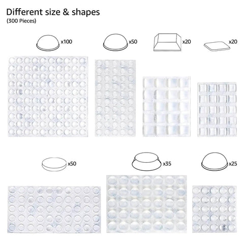Clear Self Adhesive Cabinet Door Bumpers Set 300 Piece For Drawers And Cupboards Rubber Stoppers in multiple shapes and sizes
