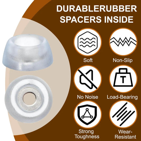 Non Slip Rubber Feet Bumpers for Cutting Boards and Furniture, 10 pack, clear rubber feet features highlighted with icons.