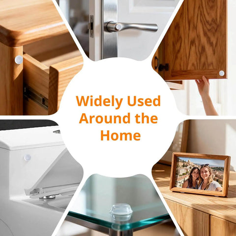 128 Pack Clear Rubber Cabinet Bumpers With Self Adhesive Silicone Pads For Cabinets Drawers And Doors Quiet Soft Close Anti Slam Protection That Will Not Scratch Wood Glass Metal Or Painted Surfaces installed on various home surfaces.