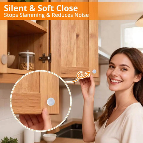 Woman installing 128 Pack Clear Rubber Cabinet Bumpers With Self Adhesive Silicone Pads For Cabinets Drawers And Doors Quiet Soft Close Anti Slam Protection That Will Not Scratch Wood Glass Metal Or Painted Surfaces