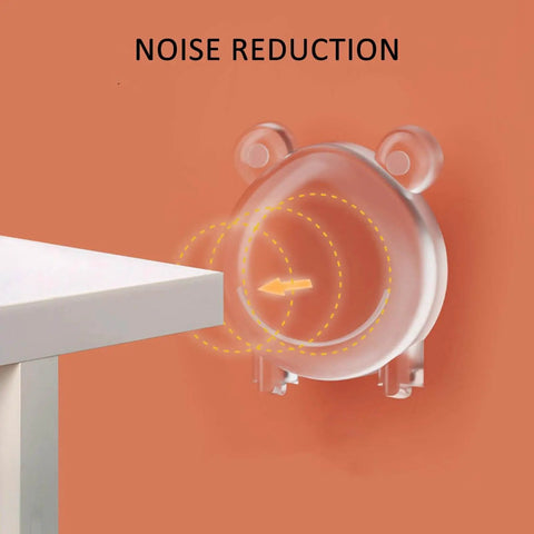 Close-up of Six Pack Clear Rubber Door Stop Guards For Walls With Self Adhesive Backing Quiet Door Knob Protectors on an orange wall.