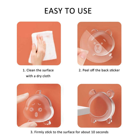 Six Pack Clear Rubber Door Stop Guards for Walls With Self Adhesive Backing in installation steps on orange background
