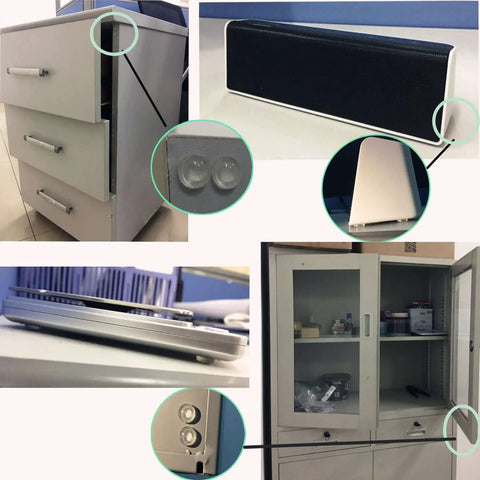 Clear Rubber Feet Adhesive Door Bumpers 300 Pack for Furniture and Cabinets, shown on drawers and cabinets for noise reduction