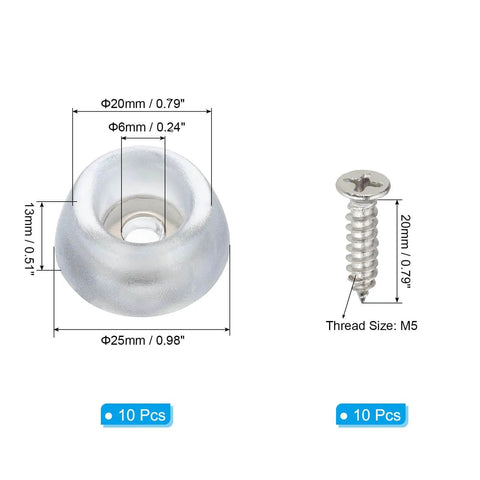 Non Slip Rubber Feet Bumpers for Cutting Boards and Furniture, 10 Pack With Stainless Steel Screws shown with dimensions.