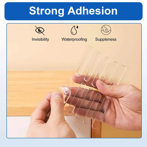 Person holding clear self adhesive rubber furniture wall bumpers door slam silencers anti collision strips for cabinets desks and chairs easy peel and stick 8 long strips no tools needed