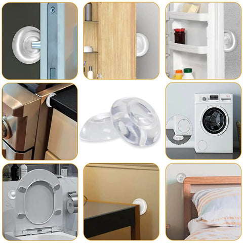 Door Stopper Wall Protector Set, Stick On Adhesive Bumper Protectors, Reusable Rubber Door Stops From Door Knobs, Shock Absorbent Wall Shield That Stops Door Slams, Keeps Walls Safe, Clear 4 Pack in various installations on doors, appliances, and furniture.