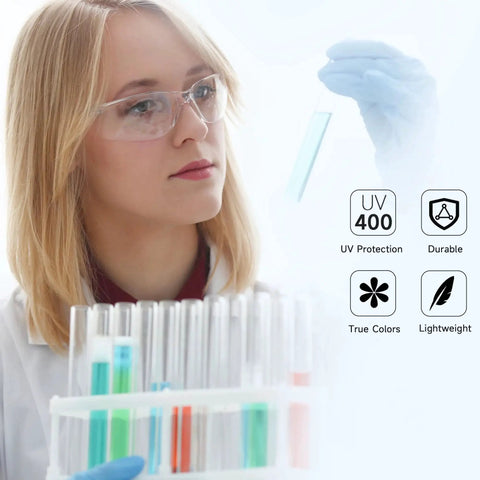 Woman wearing Clear ANSI Z87.1 Safety Eyewear For Men And Women Scratch Resistant Lenses in lab, handling test tubes.