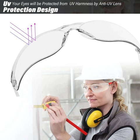 Clear ANSI Z87.1 Safety Eyewear For Men And Women Scratch Resistant Lenses in use at a construction site with UV protection illustration