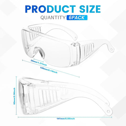Clear Safety Glasses Bulk Pack 6 Pairs Lightweight Protective Eyewear For All, size dimensions shown, top and side views