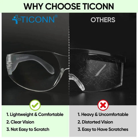 Comparison of TICONN clear safety glasses for men with impact resistant lenses meets ANSI Z87.1 vs scratched alternatives.