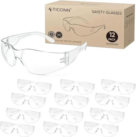 Clear Safety Glasses For Men With Impact Resistant Lenses Meets ANSI Z87.1, 12-pack box and individual pairs displayed