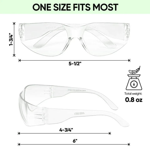 Clear Safety Glasses For Men With Impact Resistant Lenses Meets ANSI Z87.1, front and side view with dimensions and weight.