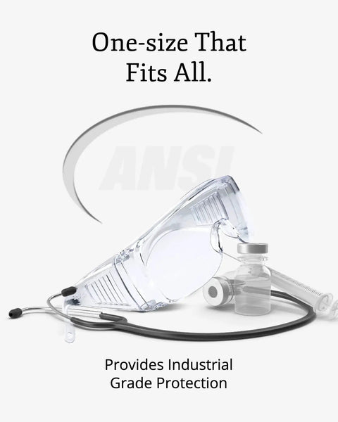 Over Eyeglasses Safety Glasses With Anti Fog Scratch Resistant Coating Pack Of 3 beside stethoscope and vials