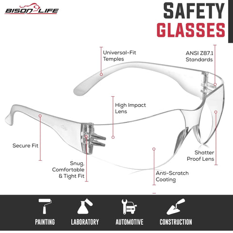 Clear Safety Glasses With Polycarbonate Lens And Wraparound Side Shields Pack 12, anti-scratch coating, universal-fit temples
