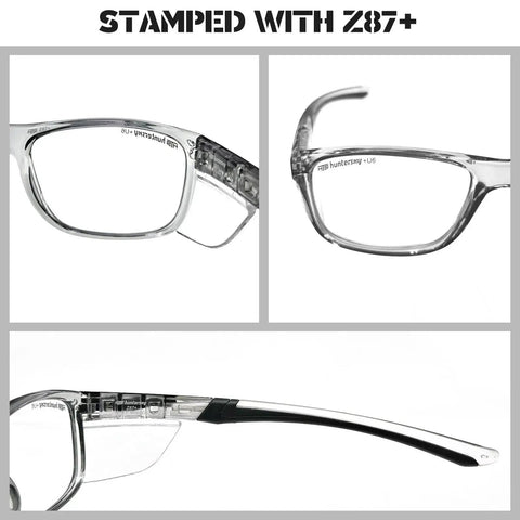 Close-up of clear ANSI Z87+ safety glasses with side shields, highlighting frame details and anti-fog, scratch-resistant lenses for labs.