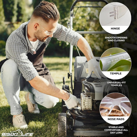 Man wearing Clear Safety Glasses With Polycarbonate Lens And Wraparound Side Shields Pack 12 while working on lawn mower