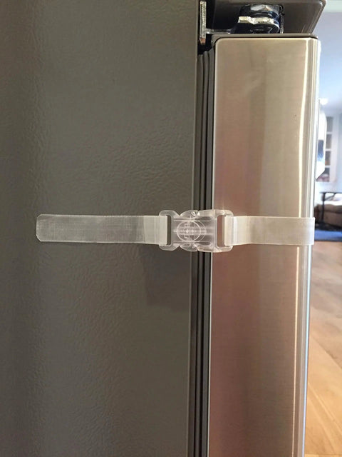 Self Adhesive Safety Latches For Baby And Adults, Clear Multi Use Straps For Cabinets, Fridges And Freezers, Installed on Fridge
