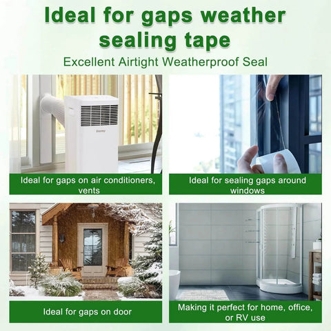 Image showing Transparent Window Weather Sealing Tape 2 Inch x 33 FT used on air conditioner, window, door, and shower gaps.