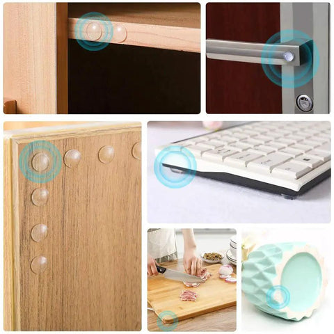 Collage of 200 Pcs Clear Cabinet Bumpers Self Adhesive Soft Close Quiet Cupboard Door Bumpers Pads for various furniture uses.