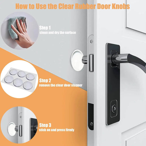 Installation steps for Wall Saver Door Stopper Set Self Adhesive Six Pack Two Inch Quiet Door Bumpers shown on a door