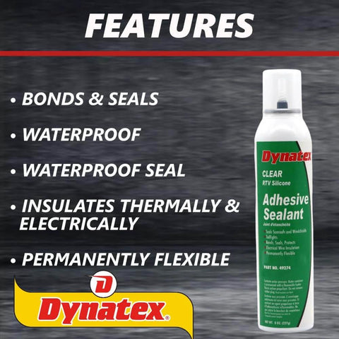 Clear RTV Silicone Adhesive Sealant, 8 oz can, features list, moisture cure formula, watertight seal, resistant to vibration