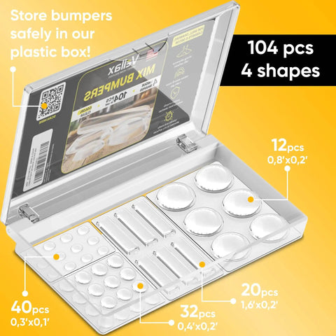 Clear Cabinet Bumper Pads Set With Self Adhesive Silicone Cushions for Doors, Drawers and Furniture in plastic box with sizes.