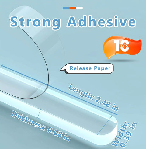 Close-up of Clear Silicone Cabinet Door Bumpers, 10 Pack Self-Adhesive Noise Dampening Pads dimensions shown, anti-slip, transparent.