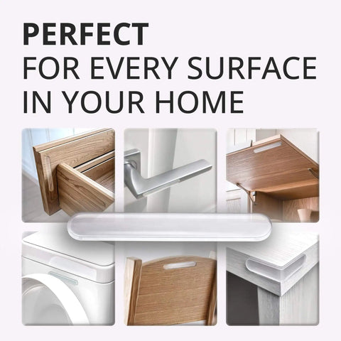 Image showing multiple uses of 40 Pack Clear Cabinet Door Bumpers That Say No More Slams, Soft Close Pads, for cabinets, doors, and more surfaces.