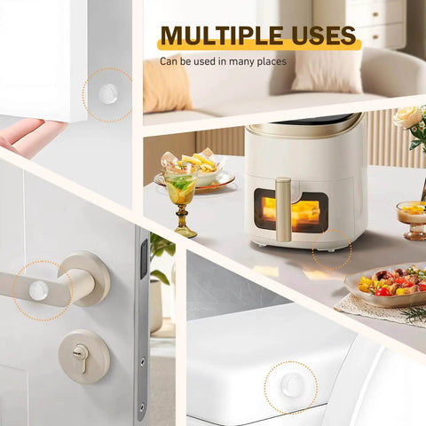 240 Piece Self Adhesive Cabinet Door Bumpers One Half Inch Clear Silicone Cushions for multiple uses shown in kitchen