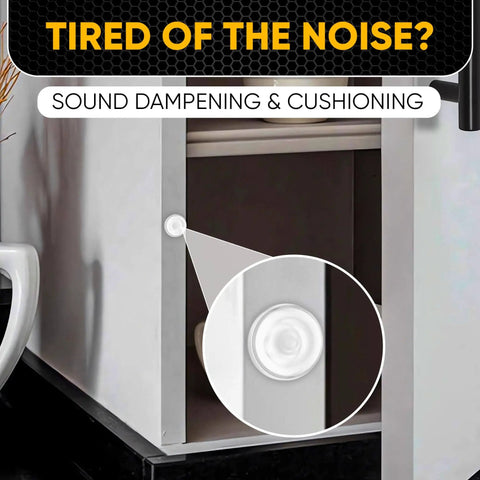 Clear Silicone Cabinet Door Bumpers For No More Noisy Slams Self Adhesive Pads installed on cabinet door close-up
