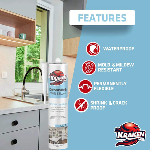Clear Silicone Caulk Sealant For Kitchen And Bathroom, 100 Percent Silicone, Waterproof And Anti Shrink, tube in kitchen setting