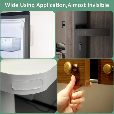 Eight Pack Silicone Anti Collision Pads Clear Strips With No Slip And Sound Dampening for Furniture Doors Windows Cabinets Protection displayed on various surfaces.