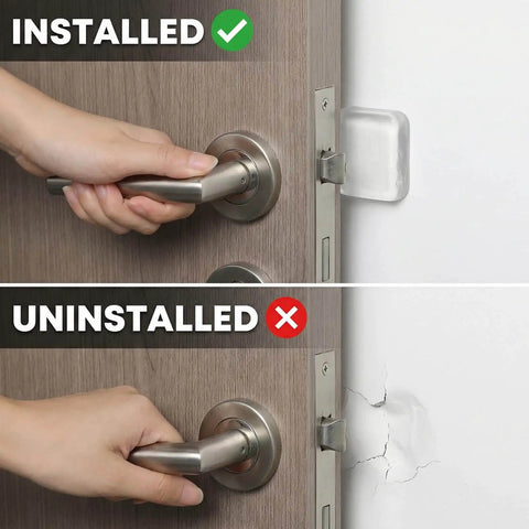 Image showing installed 12 Pack Clear Adhesive Door Stoppers Wall Protectors, 1.57 Inch Square Bumpers reducing noise, preventing wall dents.